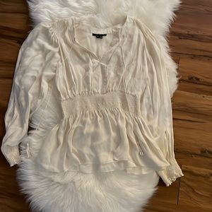 ECI White Long Sleeve Smocked 100% Silk Blouse